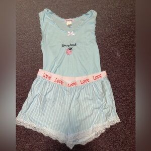 Light Blue Pajama Tank & Shorts Set with Pink Waistband